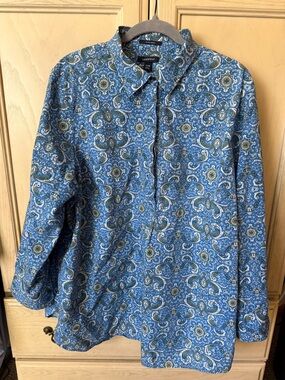 Lands' End Blue Paisley Blouse with Green & White Accents